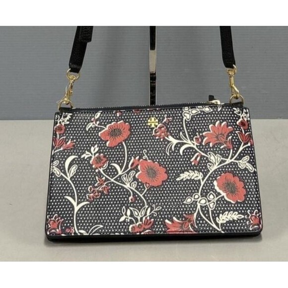 Tory Burch Handbags - Tory Burch Blake Printed Crossbody Black and Red Floral Purse Pebbled Leather